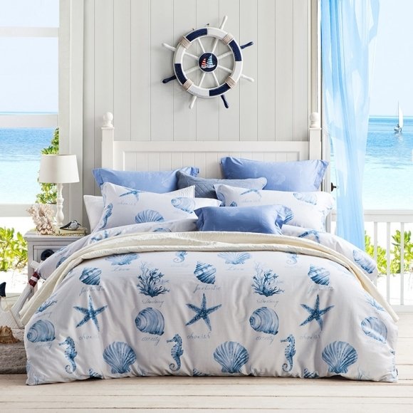 Kids Navy Blue and White Seashell, Starfish and Coral Reef Print Ocean Themed Marine Life Full, Queen Size Bedding Sets