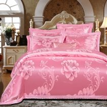 Noble Excellence Hot Pink Flower Pattern Elegant Girls Victorian Lace Design Luxury Jacquard Satin Full, Queen Size Bedding Sets