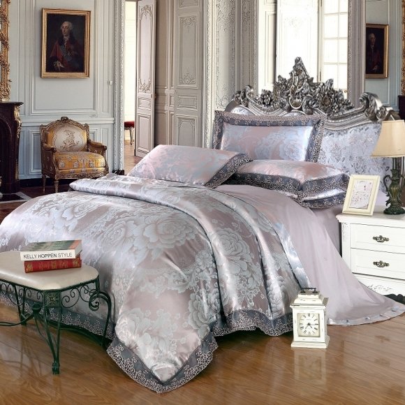 Vintage Floral Gray and Silver Colored Rustic Country Chic Shabby Chic Jacquard Satin Full, Queen Size Bedding Sets