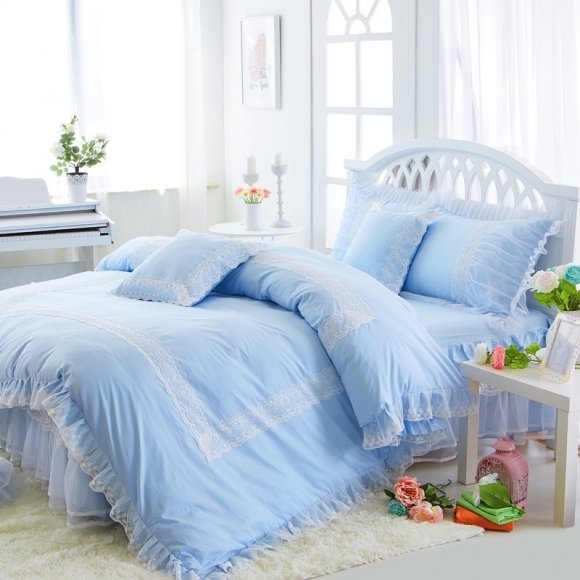 Sky Blue and White Personalized Gathered Ruffle Sophisticated Elegant Victorian Lace Girls Cotton Twin, Full, Queen Size Bedding Sets