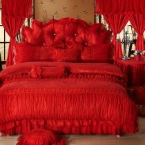 Sophisticated Elegant Crimson Red Noble Excellence Ruched Frilly Vintage Romantic Applique Cotton Feminine Full, Queen Size Bedding Sets