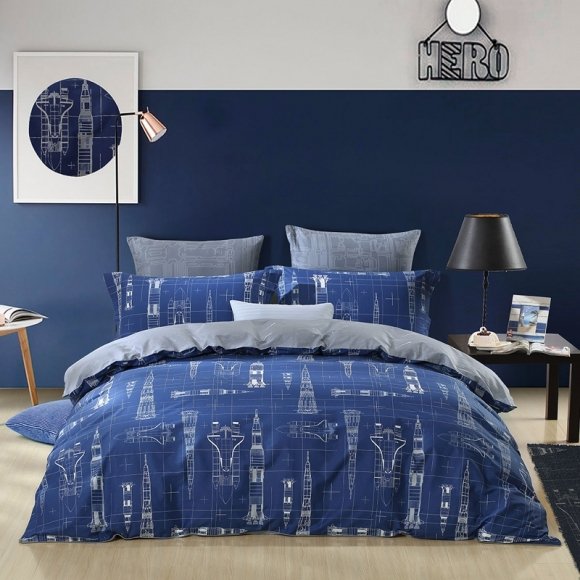 Kids Navy Blue and Grey Rocket Print Space Dream Shabby Chic 100% Organic Cotton Twin, Full, Queen Size Bedding Sets