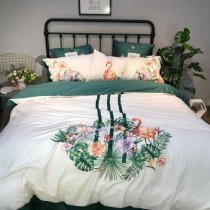 Teal Green Beige Purple and Coral Orange Fun Flamingo Hibiscus Floral Print Animal Themed Tropical Hawaiian Full, Queen Size Bedding Sets