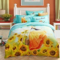 Pastel Turquoise Gold White Yellow and Green Sunflower Print Country Chic Garden Images Girly Girls Full, Queen Size Bedding Sets