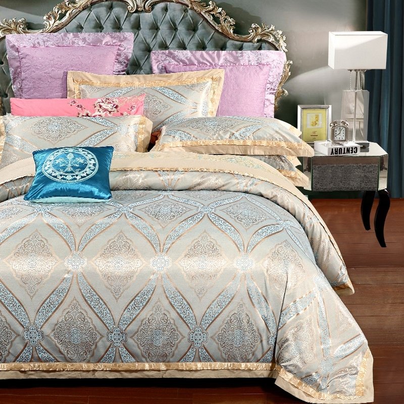 Unique Metallic Gold and Light Blue Quatrefoil Pattern Old Fashion Abstract Shabby Chic Full