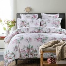 Modern Chic White Green and Pink Floral Print Western Country Chic Luxury Egyptian Cotton Full, Queen Size Bedding Sets