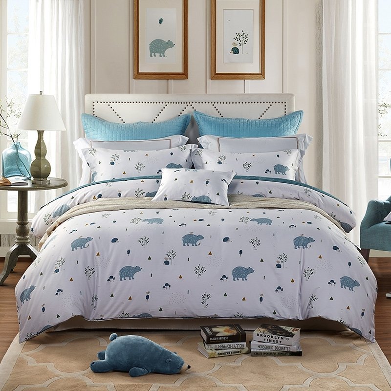 Boys Cadet Blue and White Bear Print Cartoon Animal Jungle Safari Themed Hipster Preppy Style