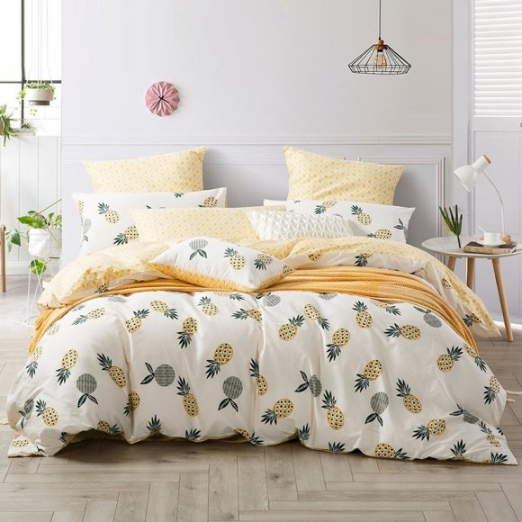 Trendy Yellow Beige and Gray Pineapple Print Country Chic Tropical Style Hipster Twin, Full, Queen Size Bedding Sets