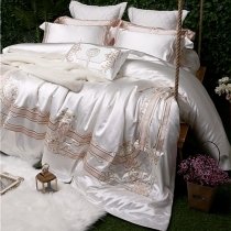 Bohemian Sparkle Cream White and Pink Embroidered Gothic Border Noble Excellence Villa Luxury Satin Full, Queen Size Bedding Sets