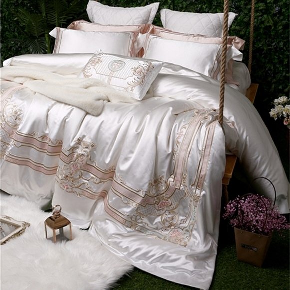 Bohemian Sparkle Cream White and Pink Embroidered Gothic Border Noble Excellence Villa Luxury Satin Full, Queen Size Bedding Sets