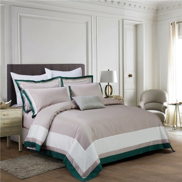 Simply Shabby Chic Khaki White and Teal Green Luxury Hotel Style Border Noble Excellence Villa Pima Cotton Full, Queen Size Bedding Sets