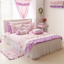 Trendy Plum Purple Pink and White Fluffy Ruffle Lace Design Elegant Feminine Victorian Style Twin, Full, Queen Size Bedding Sets