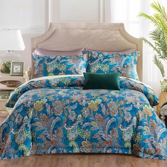 Royal Blue Turquoise Green and Rust Orange Western Paisley Rustic Floral Tribal Print Bohemian Shabby Chic Full, Queen Size Bedding Sets