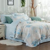 Blue and Beige Bohemian Tribal and Rose Floral Print Red Shabby Chic Elegant Feminine  Queen Size Tencel Bedding Sets