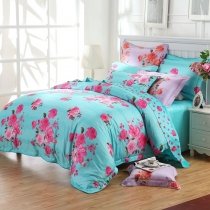 Bright Tiffany Blue and Hot Pink Flower Print Oriental Style Asian Inspired Queen Size Bedding Sets