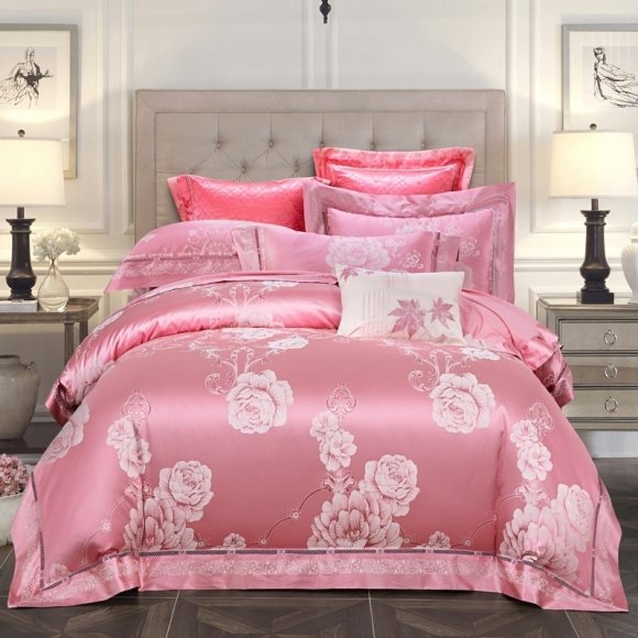 Elegant Sparkle Pale Pink and White Peony Flower Print Luxury Jacquard Satin Full, Queen Size Bedding Sets