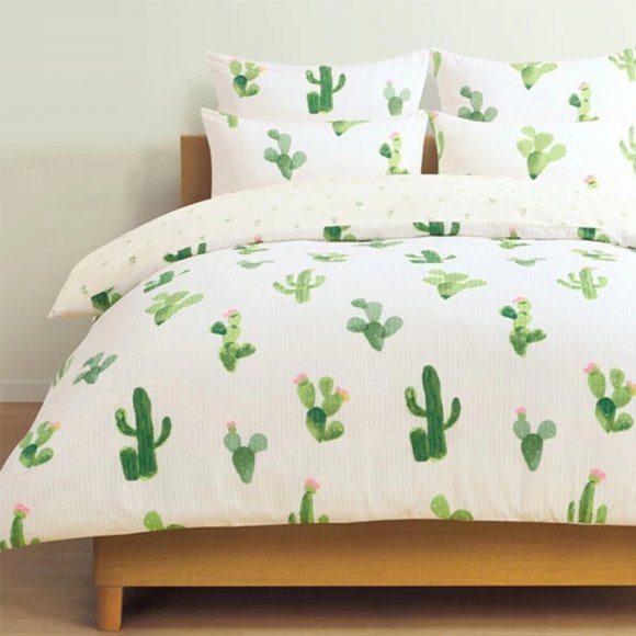 White and Green Cactus Print Country Chic Soft Unique Twin, Full, Queen Size Bedding Sets