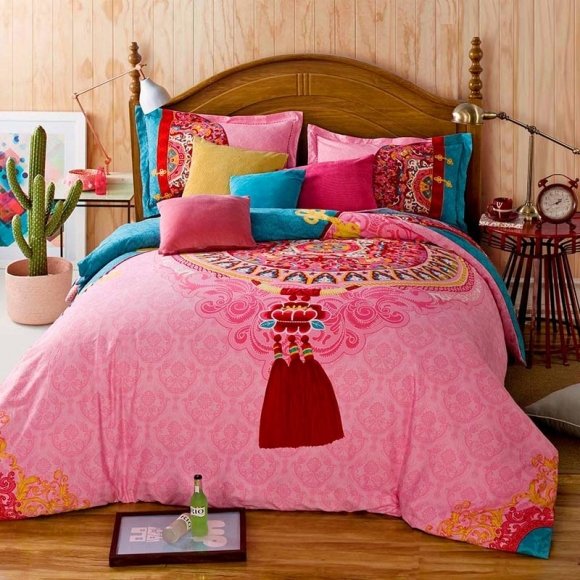 Girls Soft Pink and Teal Mandala Bohemian Chic Southwestern Bedding Sets