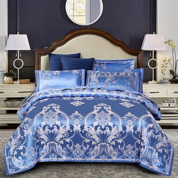 Royal Blue Scroll Pattern Victorian Style Full, Queen Size Bedding Sets