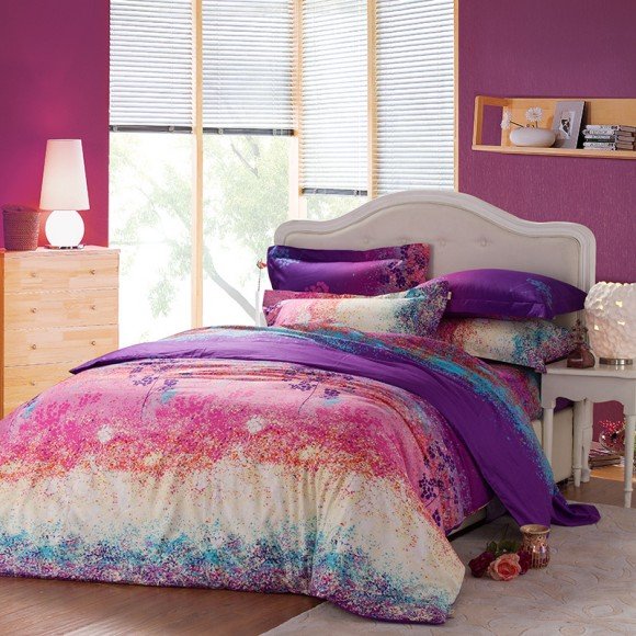 Aqua Pink and Purple Beautiful Country Scene Ombre Style Full, Queen Size Bedding Sets