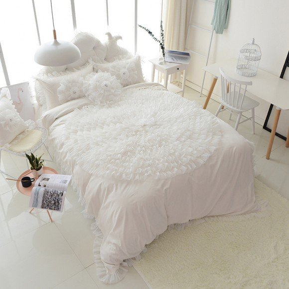 Romantic White Rosette Pattern Gathered Ruffled Sophisticated Elegant Girls Princess Twin, Full, Queen Size Bedding Sets