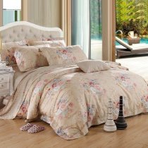 Stylish Cream Pink and Aqua Blue Garden Images Colorful Beautiful Floral Print Adults Full, Queen Size Luxury Cotton Bedding Sets