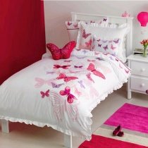Pastel Style Hot Pink Red and White Beautiful Butterfly Print with Ruffle Cute Girly Teen Girls Twin, Full Size Cotton Bedding Sets