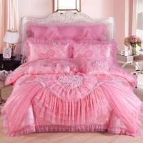 Sophisticated Elegant Shiny Pink Vintage Rose and Heart with Victorian Lace and Ruched Girls Full, Queen Size Jacquard Satin Bedding Sets