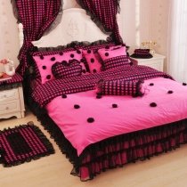 Hot Pink and Black Polka Dot Print Vintage Victorian Gathered Lace Ruffle Applique Girly Girls Twin, Full, Queen Size Bedding Sets