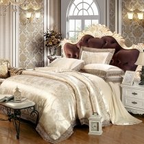 Champagne Gold and Chocolate Brown Gothic Pattern Tribal Print Vintage Victorian Lace Luxury Jacquard Satin Full, Queen Size Bedding Sets