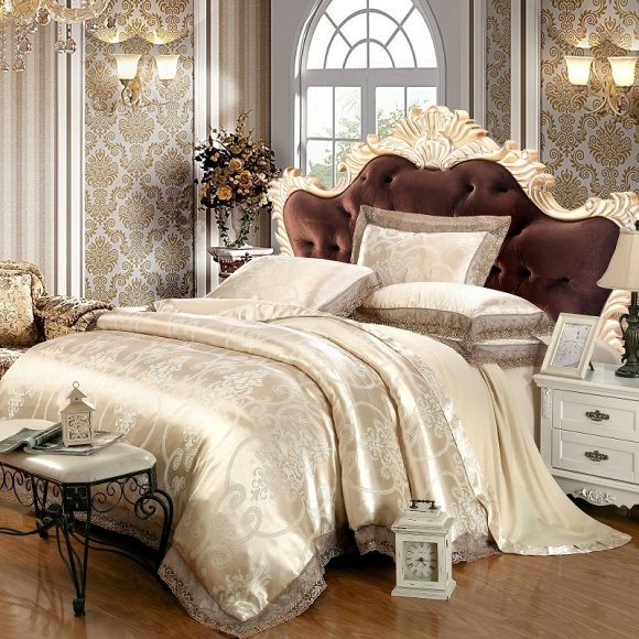 Champagne Gold and Chocolate Brown Gothic Pattern Tribal Print Vintage Victorian Lace Luxury Jacquard Satin Full, Queen Size Bedding Sets