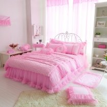 Sophisticated Elegant Pink Plush Gathered Girly Girls Princess Vintage Romantic Victorian Lace Twin, Full, Queen Size Bedding Sets