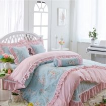 Sophisticated Elegant Light Blue and Pink Flower Print Gathered Ruffle Victorian Lace Girls Cotton Twin, Full, Queen Size Bedding Sets