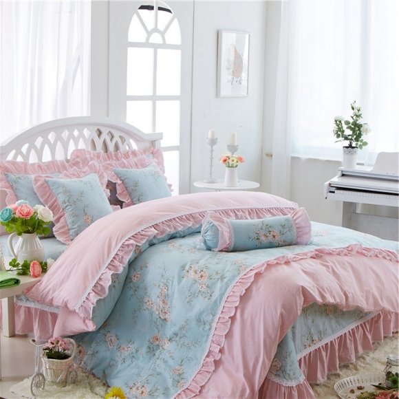 Sophisticated Elegant Light Blue and Pink Flower Print Gathered Ruffle Victorian Lace Girls Cotton Twin, Full, Queen Size Bedding Sets