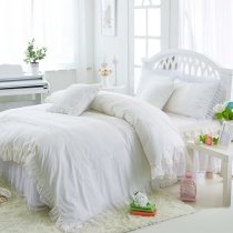 Funky Solid Ivory-white Victorian Lace Gathered Ruffle Sophisticated Elegant Girly Girls Cotton Twin, Full, Queen Size Bedding Sets