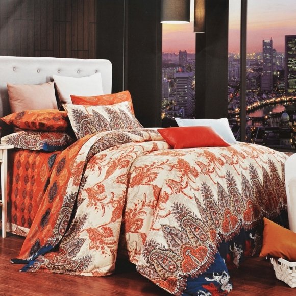 Brown Beige and Orange Paisley Pop Vintage BOHO Style Luxury Egyptian Cotton Full, Queen Size Bedding Sets