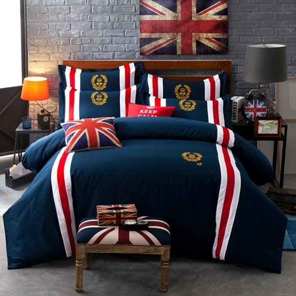 Navy Blue Red and White Striped Print Simply Chic Preppy Style Modern Chic 100% Cotton Full, Queen Size Bedding Sets