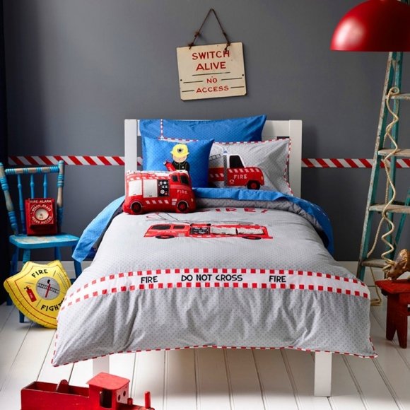 Kids Red Blue and Grey Fire Truck Print Funky Style Cartoon Themed 100% Cotton Twin, Full Size Bedding Sets
