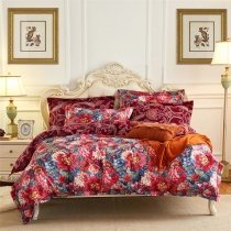 Burgundy White Red and Navy Blue Garden Images Floral Print Bright Colorful French Country Chic Full, Queen Size Bedding Sets