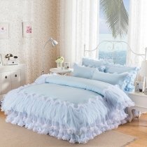 Sophisticated Elegant Light Blue Ruffle Lace and Waterfall Pom Pom Style Girls Twin, Full, Queen Size Bedding Sets