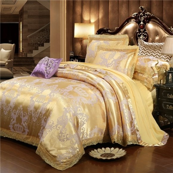 Gorgeous Gold and Silver Crown Print Indian Pattern Royal Style Noble Excellence Jacquard Satin Full, Queen Size Bedding Sets