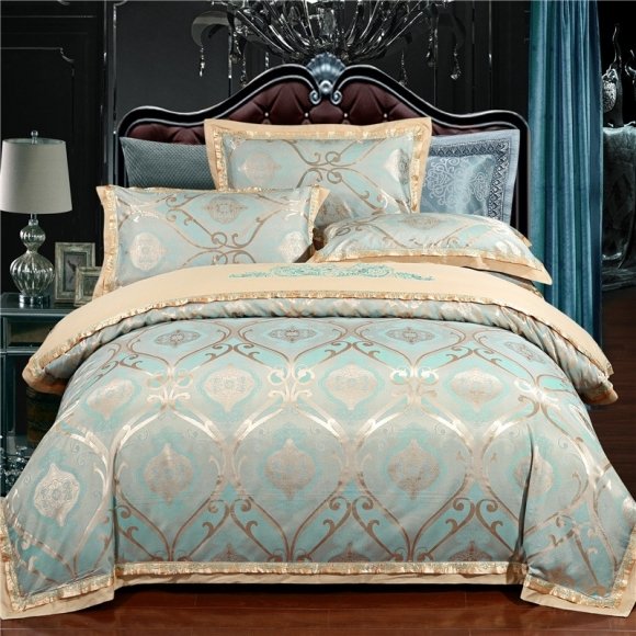 Unique Turquoise and Gold Victorian Gothic Pattern Fancy Indian Western Style Full, Queen Size Bedding Sets