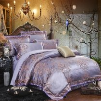 Luxury Glossy Grape and Gold Fancy Indian Rococo Pattern Victorian Style Jacquard Satin Full, Queen Size Bedding Sets