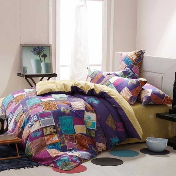 Colorful Sexy Purple Teal Orange and Yellow Animal Themed Leopard Zebra Butterfly Plaid Palm Tree Print Full, Queen Size Bedding Sets