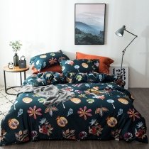 Dark Blue Orange and Colorful Abstract Floral Leaf Fruit Print Full, Queen Size Bedding Sets