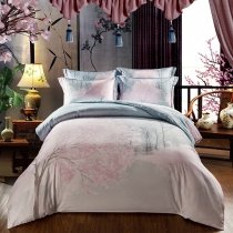 Dusty Rose Pink Blush Beige and Gray Cherry Blossom Print Asian Japanese Inspired Full, Queen Size Bedding Sets