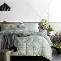 Light Blue Gold and Beige Rococo Tribal and Flower Print Bohemian Shabby Chic Rustic Western Style Full, Queen Size Bedding Sets
