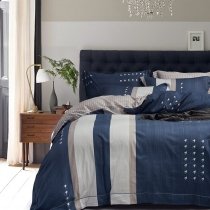 Vintage Navy Blue White and Light Tan Vertical Pinstripe and Houndstooth Print Masculine Full, Queen Size Bedding Sets