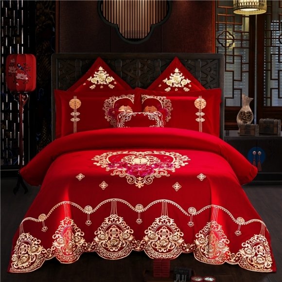 Red and Gold Indian Ethnic Pattern Luxury Bohemian Style Full, Queen Size Bedding Sets