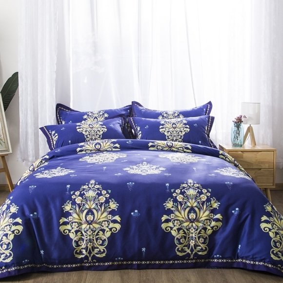 Royal Blue and Gold Victorian Gothic Style Fancy Twin, Full, Queen Size Bedding Sets